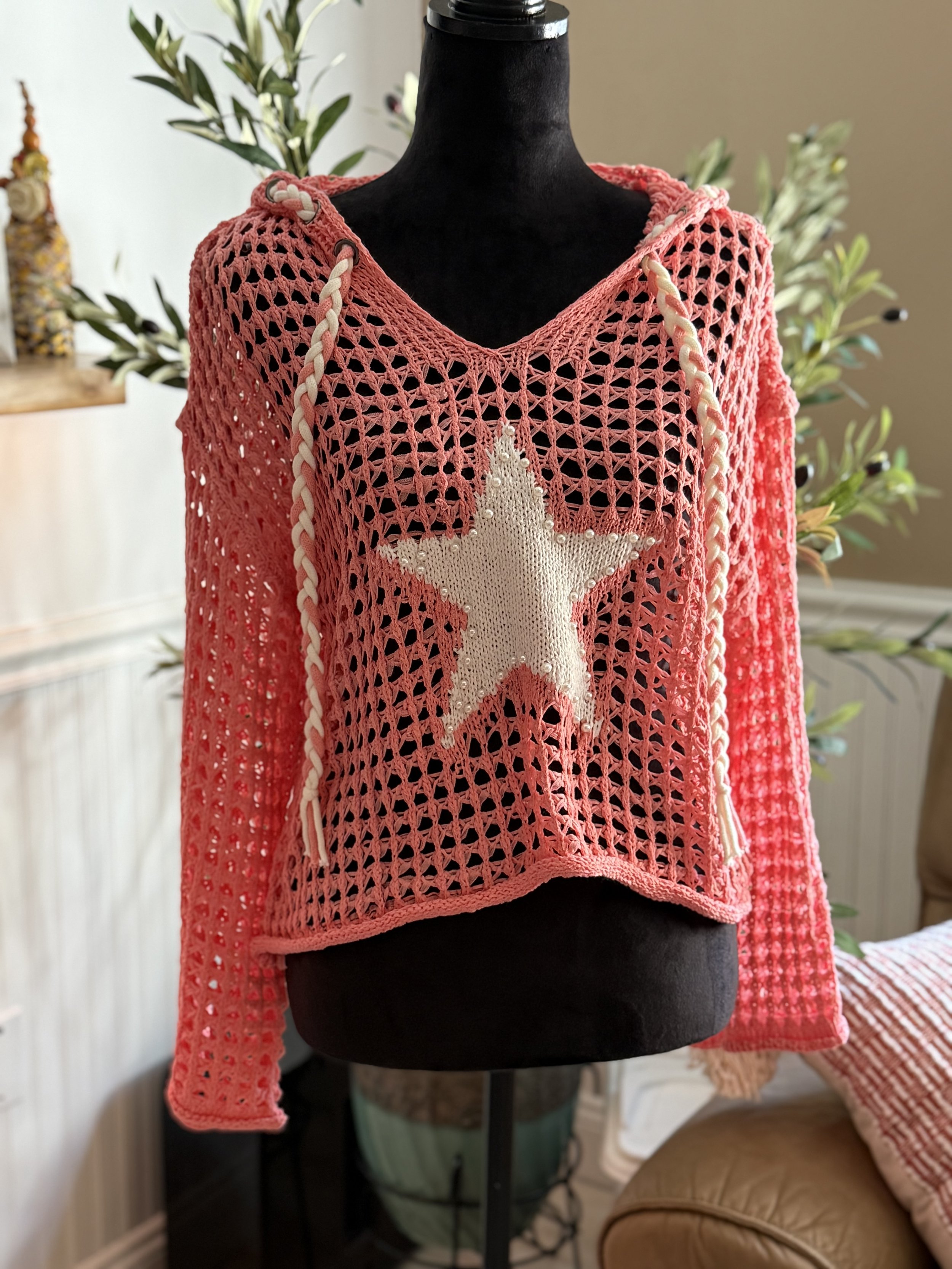 POL
Crochet Hooded pullover.  
Star is trimmed with pearls
$48 (s, m, lg)        #90429FS