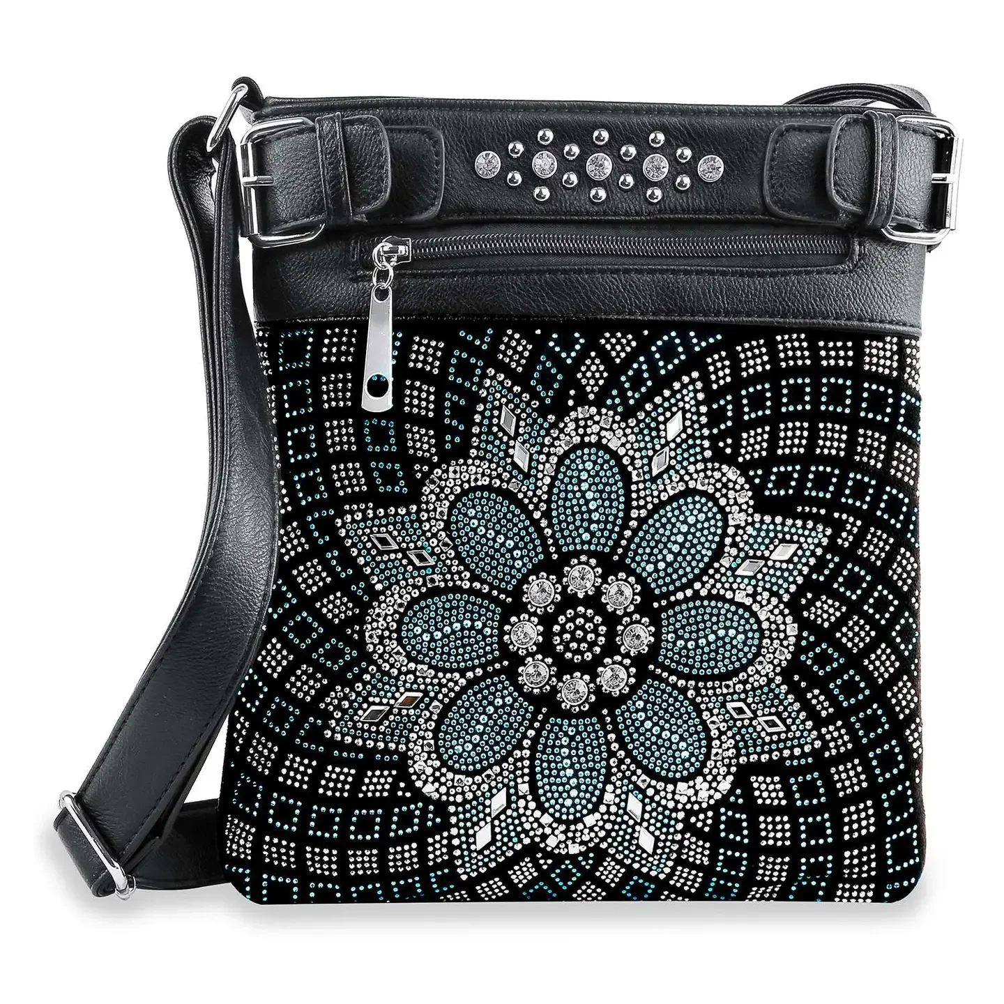 Boho Rhinestone Flower Crossbody Sling
#9061550FS
$48  OUR PRICE $36
Approximate Size: 10L x 10.5H x 2W 
