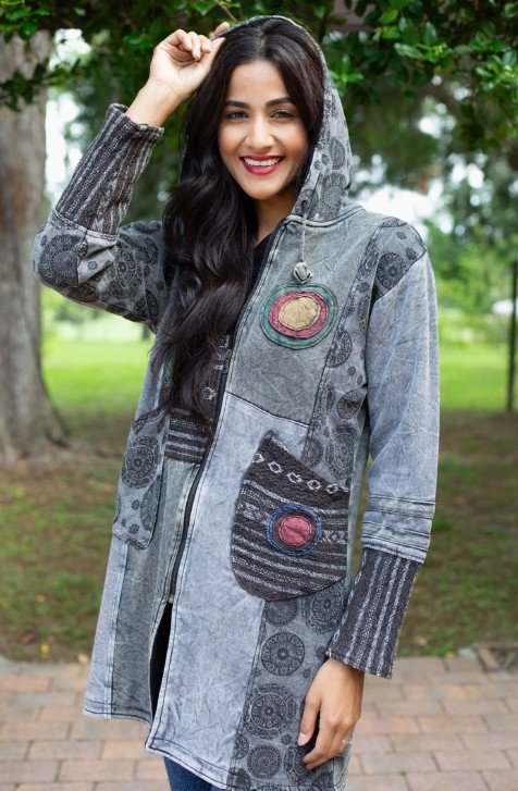 Hippie Wanderer Jacket: Patchwork in Dove Gray  (#90-630FS)
Sizes: S/M & L/XLG
$62