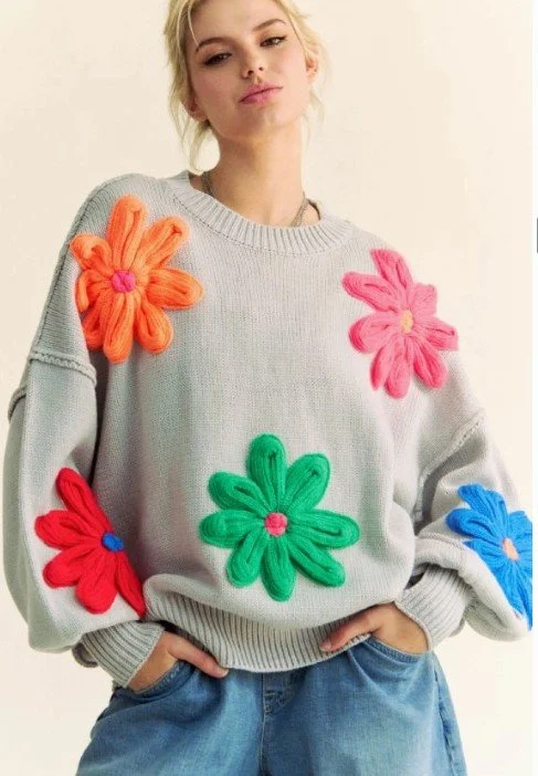 Davi & Dani
3-D Flower Sweater 
Lite Gray Back ground
$56  (s, m, lg)  #907281FS