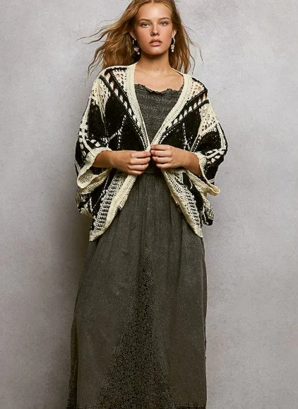 POL Brand
Open-front crochet cardigan features 3/4-length batwing sleeves. Finished with a scalloped edge.  SIZE: OS #909-615FS
$36 Colors: Black and White