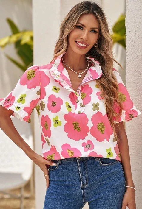 Floral Ruffle Short Sleeve Striped Buttoned Blouse  (s, m, lg, xlg)
$29