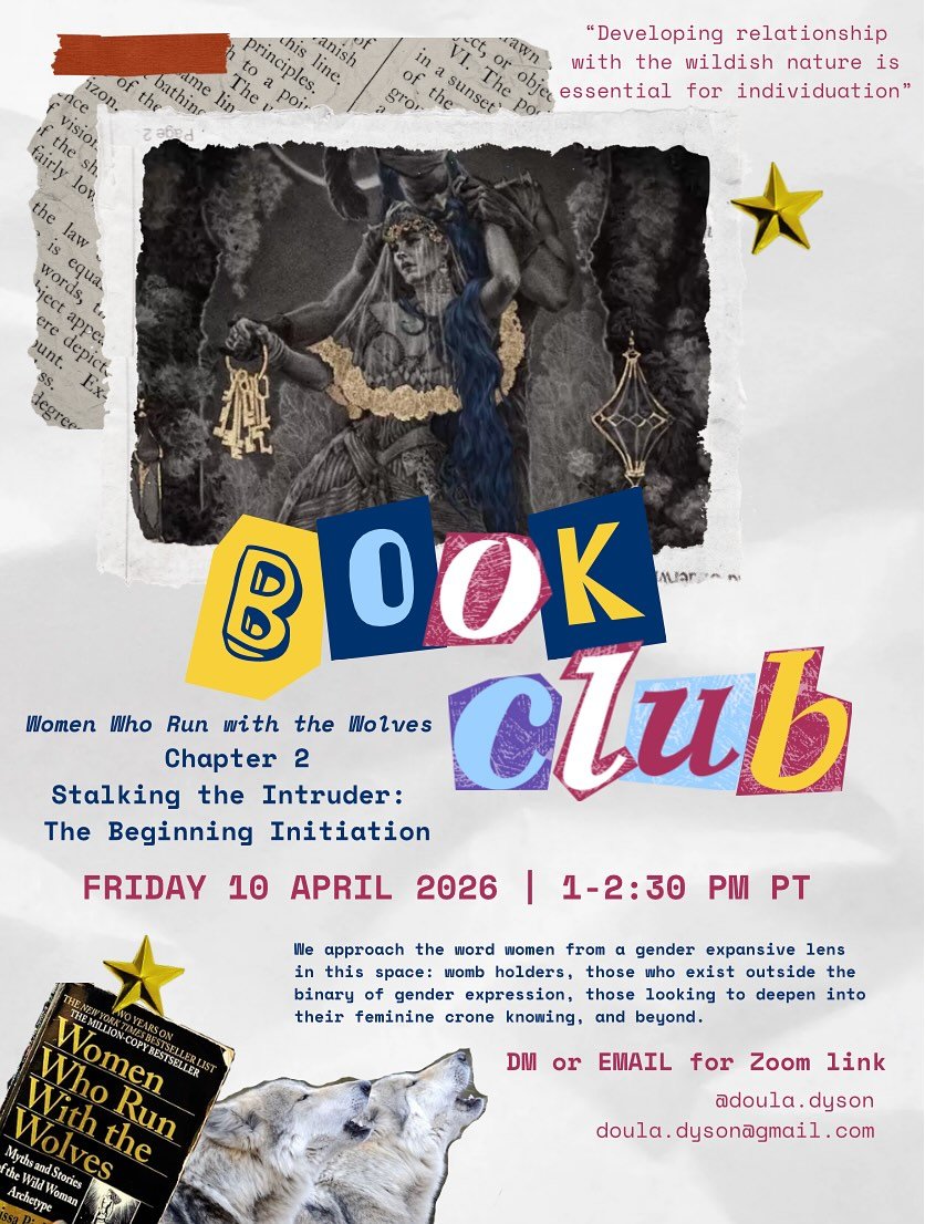 📚Book Club 📚

Friday, April 10 @ 1pm PST online 

Join us as we dive into Chapter 2 &ldquo;Stalking the Intruder: The Beginning Initiation&rdquo; in Women Who Run with the Wolves. 

&ldquo;All creatures must learn that there exist predators. Withou