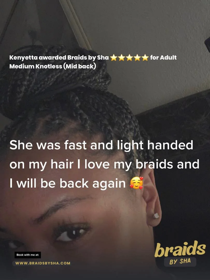 Close-up of a woman with styled braids, smiling, with an overlay of text about her experience with braided hair by Sha, promoting braiding services on a website link.