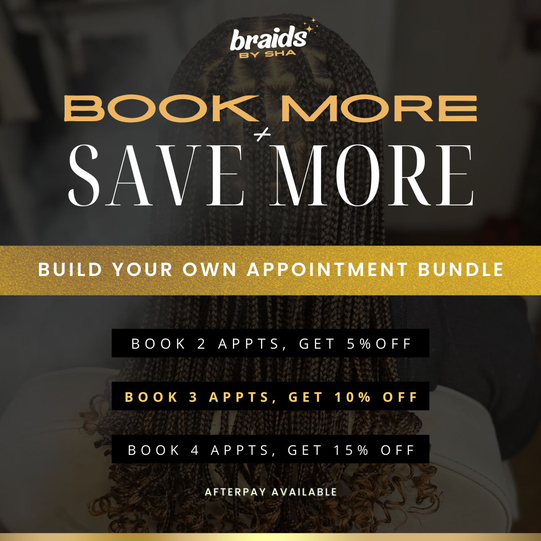 Advertisement for braiding salon offers discounts for booking multiple appointments with a person with braided hair in the background.
