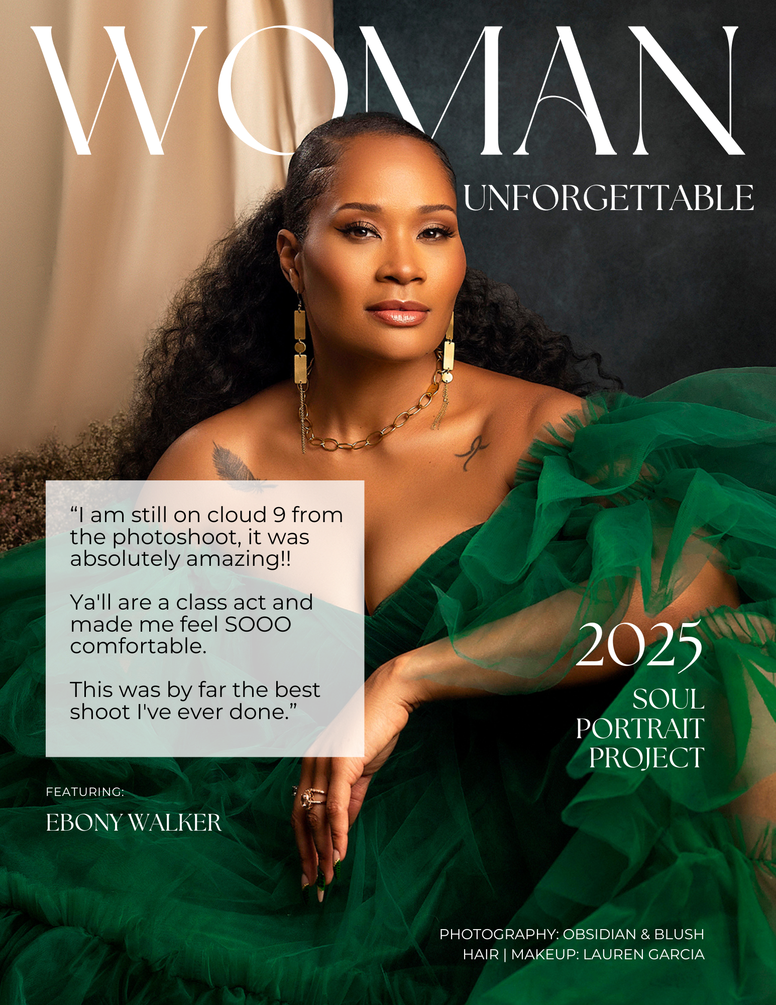 A woman with long, dark curly hair and gold jewelry, wearing an off-shoulder green dress with tulle fabric, posing for a portrait on the cover of a magazine titled "Woman Unforgettable 2025 Soul Portrait Project."