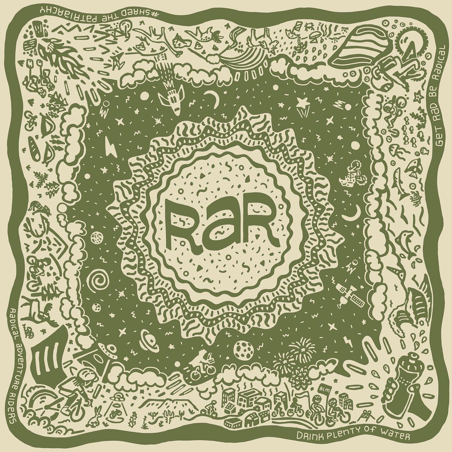 Check out this RAR Bandana design from last year! Each corner highlights a unique landscape&mdash; from biking underwater with narwhals, being abducted by ufo spaceships, showing solidarity at BLM demonstrations, and to camping with dinosaurs. RAR is