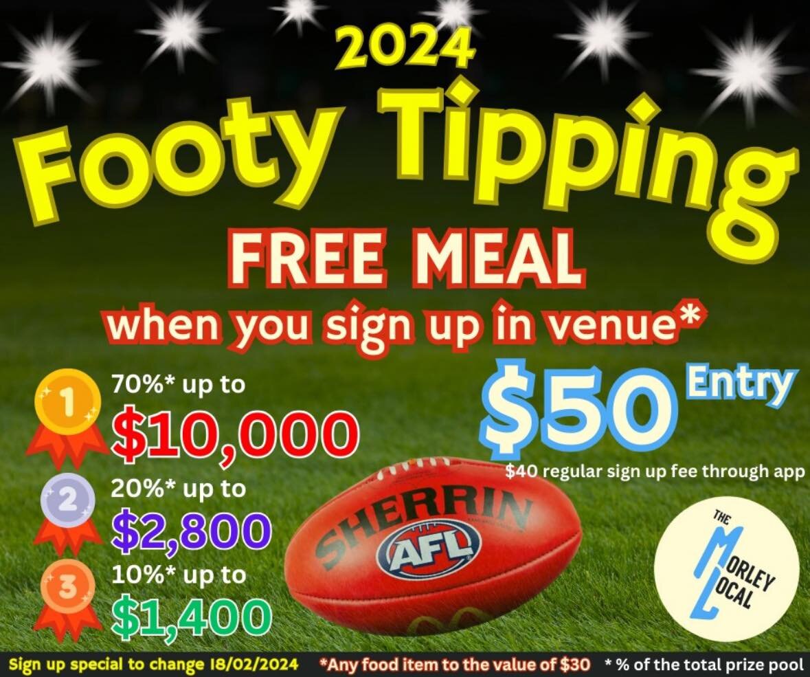 🚨 FREE MEAL GIVEAWAY! 🚨
Get a free meal to the value of $30 when you enter our 2024 AFL Footy Tipping competition in venue!
With the opportunity to grab some serious cash 💰💰 for a podium finish, you&rsquo;d be silly not to join!

But be quick! Th