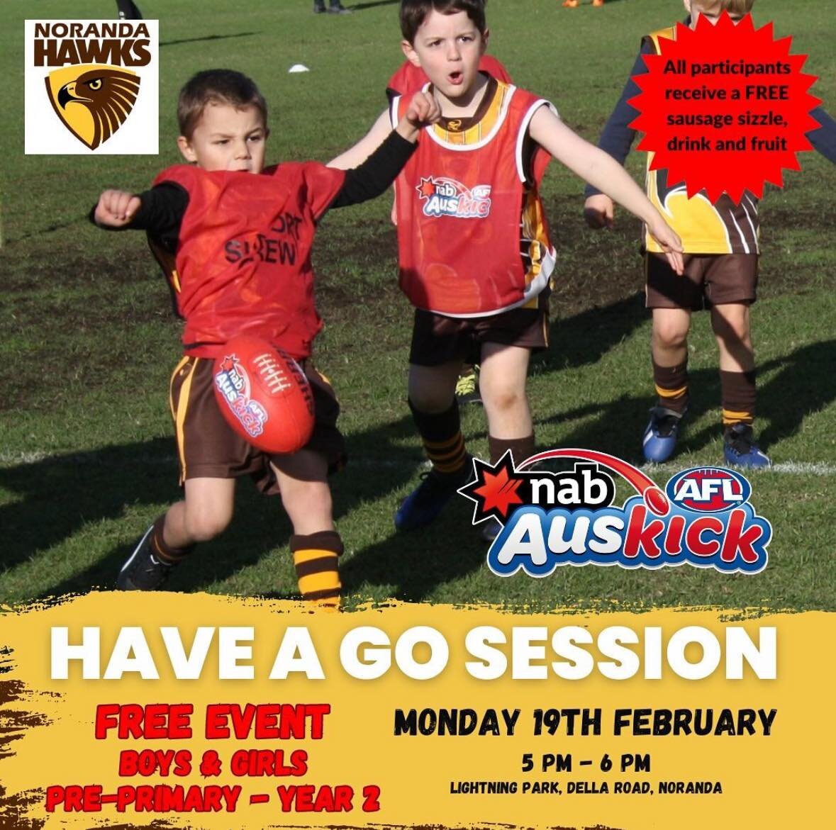 🏉 FREE AUSKICK &lsquo;HAVE a GO&rsquo; session 🏉
Does your child (Pre-Primary - Year 2) want to play football? 

Why don't you bring them down to have a go and join in the fun, bring your mates too!

🗓️ Monday 19th February
⏰ 5:00-6:00 pm
📍 Light