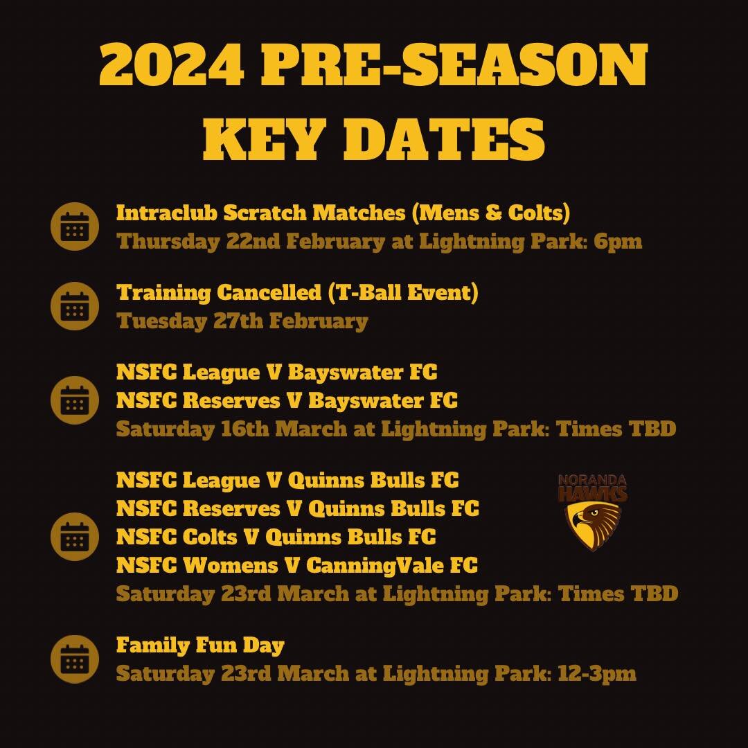 🟡 UPCOMING KEY DATES 🟡

Thursday 22nd February: INTRACLUB SCRATCH MATCHES (SENIORS &amp; COLTS)
📍 Lightning Park: 6pm

Tuesday 27th February: TRAINING CANCELLED 

Saturday 16th March: SCRATCH MATCHES 
NSFC League V Bayswater FC
NSFC Reserves V Bay