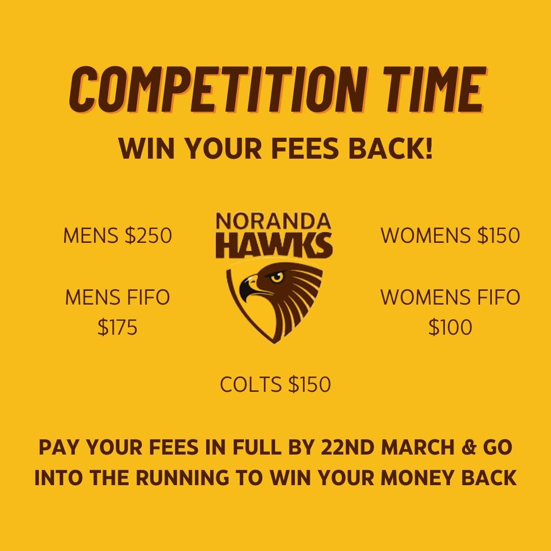 ✨ COMPETITION TIME ✨

WIN YOUR MONEY BACK

Go in the running to win your money back, if you pay your fees in full before 22nd March. 

- Mens $250
- Mens FIFO $175
- Womens $150
- Womens FIFO $100 
- Colts $150 

If you have already registered and pa