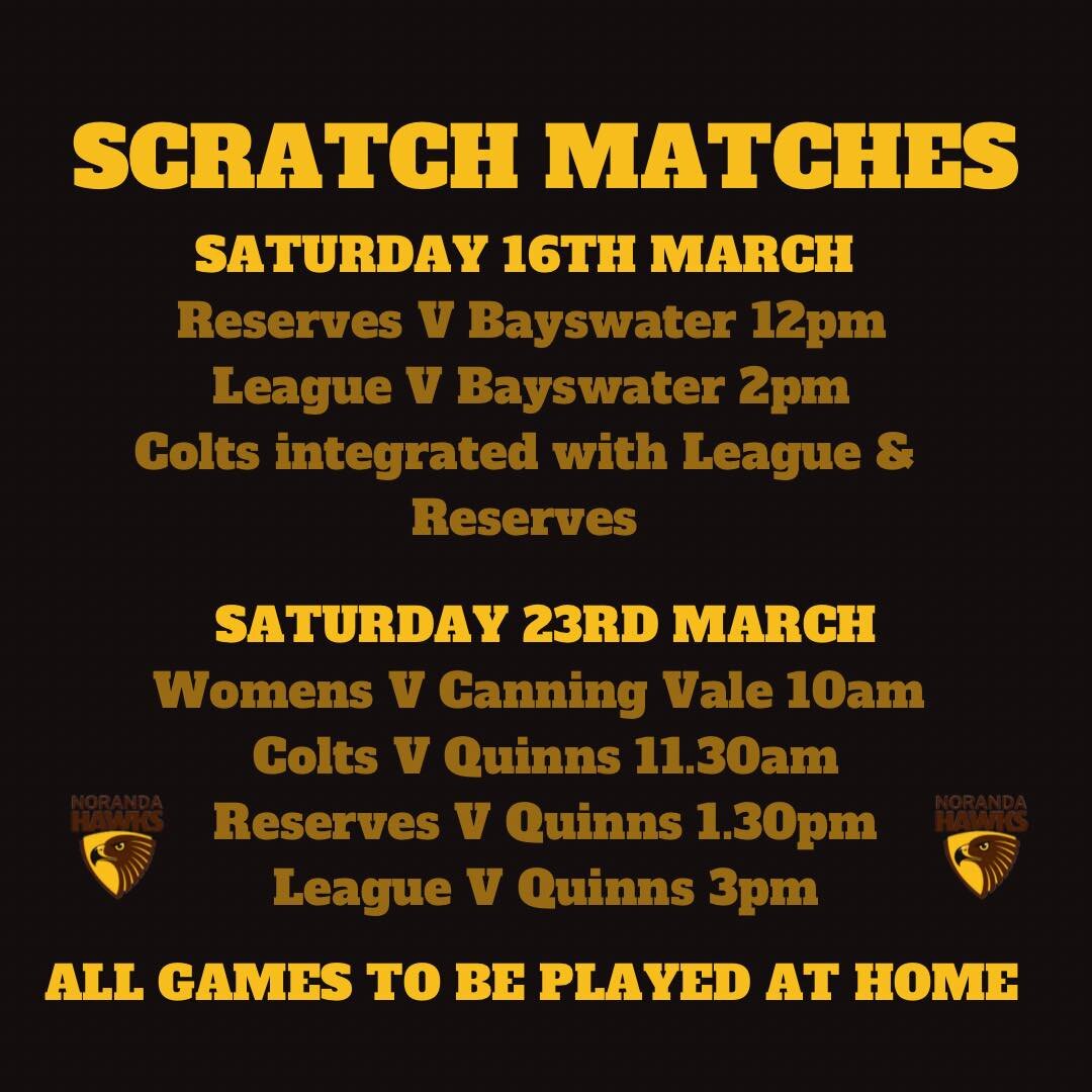 🏉 SCRATCH MATCHES 🏉

Upcoming scratch match dates and times:

Saturday 16th March
🟡 Reserves V Bayswater 12pm
🟤 League V Bayswater 2pm 
Colts integrated into both games 

Saturday 23rd March 
🟡 Womens V Canning Vale 10am 
🟤Colts V Quinns 11.30a