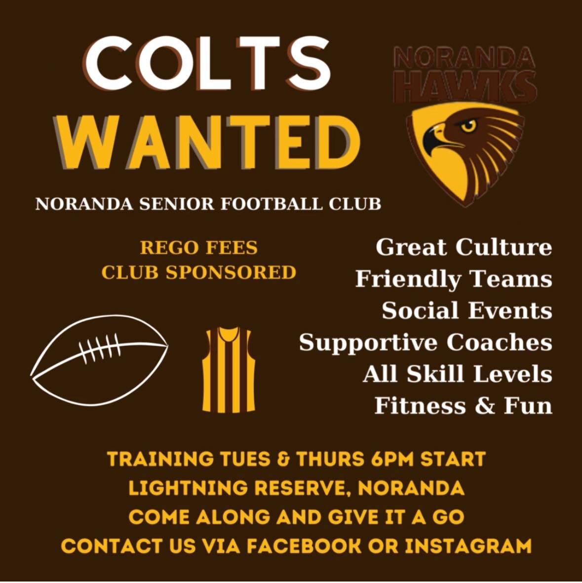 🚨 COLTS WANTED 🚨

The Hawks Family are looking for some new faces to join the COLTS side for the 2024 Season! 🦅

ALL skill levels are welcomed. 

Training is on Tuesdays &amp; Thursdays at 6pm.

Come along and see if this is the challenge you are 