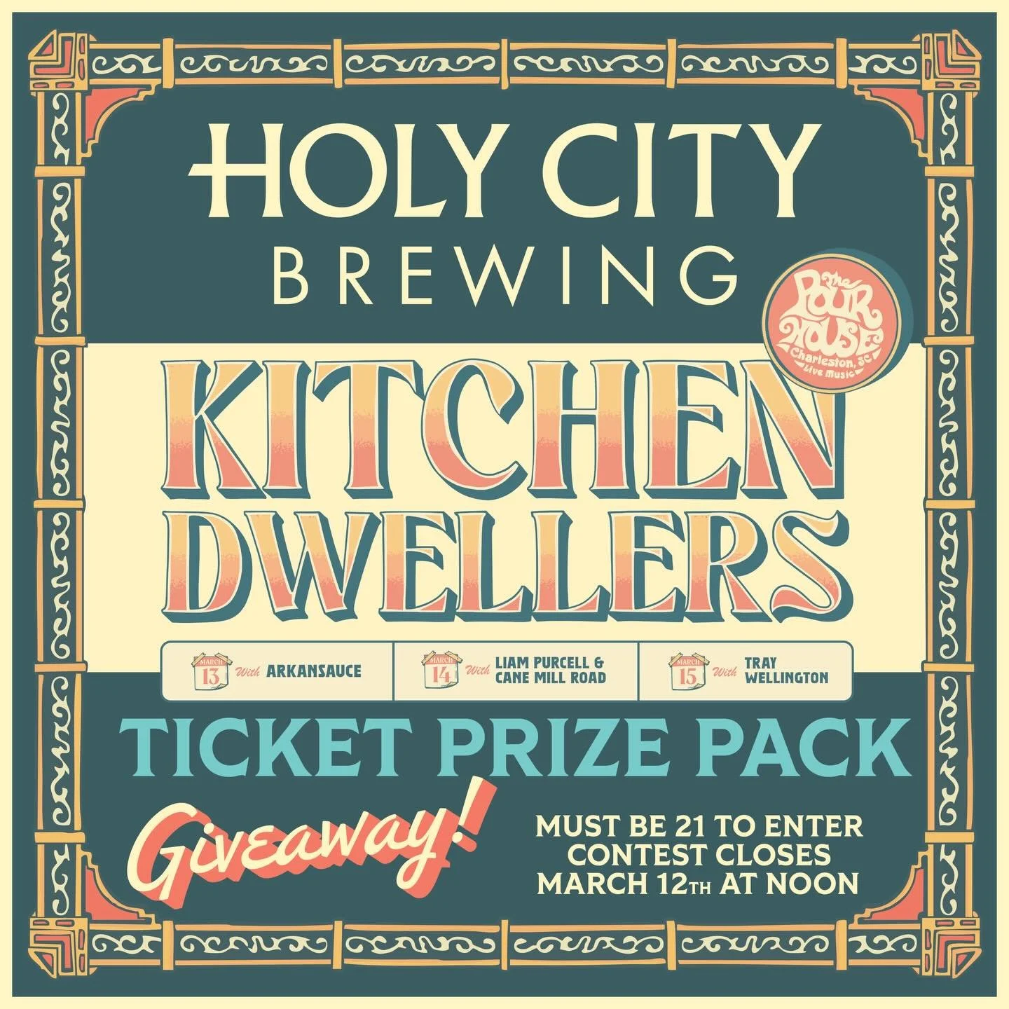 🎸 CONTEST TIME! 🎸

@holycitybrewing is thrilled to welcome @kitchendwellers back to Charleston for three nights at @chspourhouse &mdash; March 13, 14 &amp; 15!

To celebrate, we&rsquo;re giving away an incredible prize pack: 🎟️ A pair of tickets t