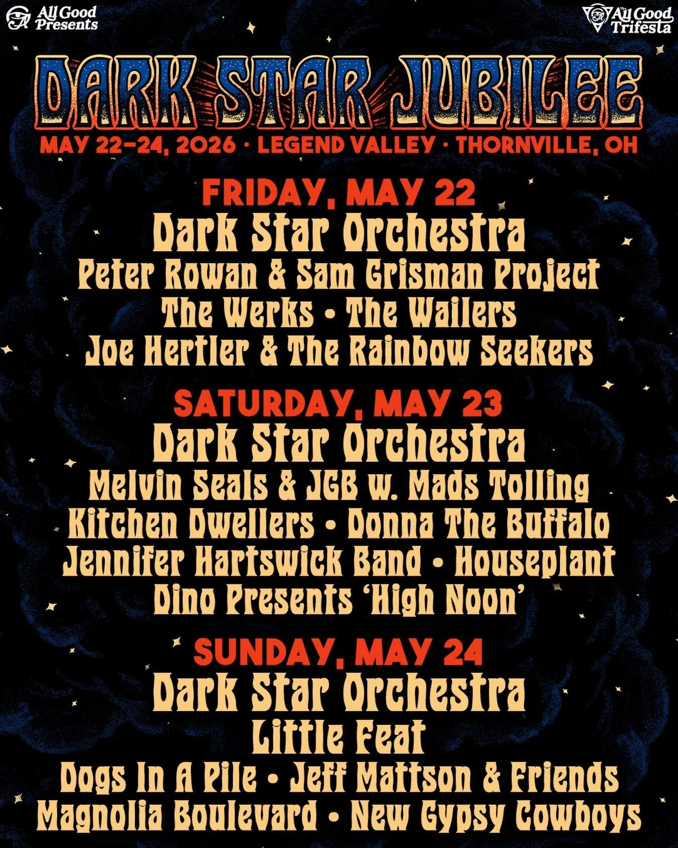 @darkstarjubilee Daily Lineup Announced! Join us at Legend Valley in Thornville, OH on Saturday, May 23 🤘 Single Day and 2-Day Tickets on Sale Friday, April 17 at 10am ET.

🎟️ &rarr; Link in bio / story