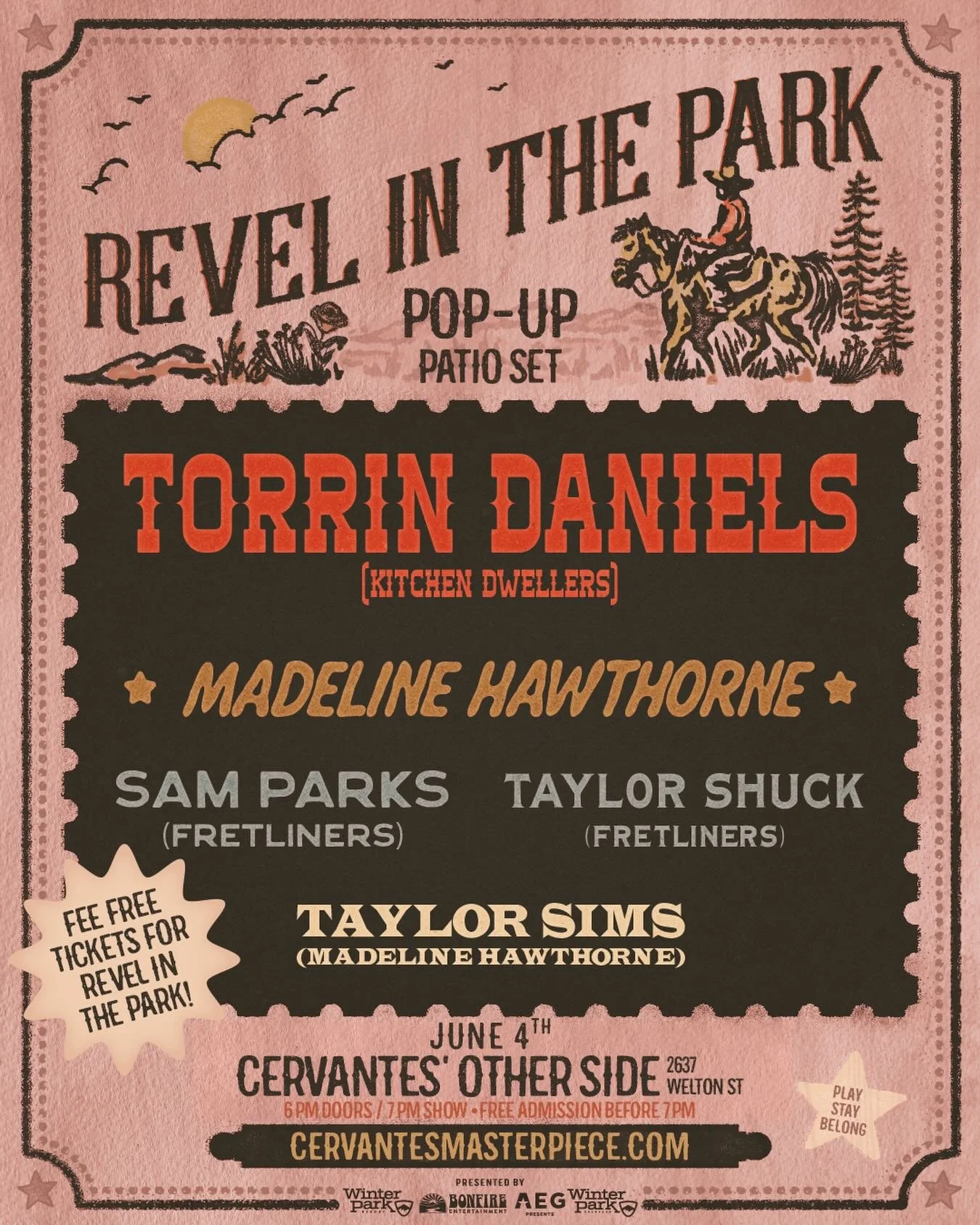 Denver! 🍻 Torrin&rsquo;s gonna be ragin&rsquo; a special pop-up set on the @cervantesmasterpiece patio next week on June 4th with @madeline.hawthorne, @tator_skins, @tayshuck, @samvparks, and some surprise guests 🪕 We&rsquo;ll be slinging discounte