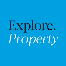 Blue square with black and white text that says "Explore" and "Property"