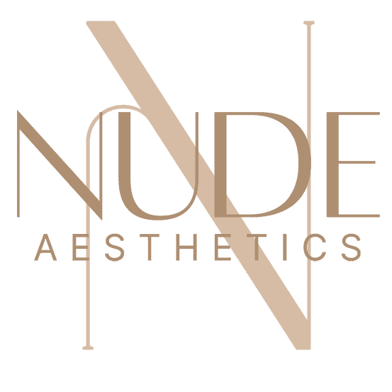 Logo for Nude Aesthetics featuring stylized text with diagonal lines and a neutral beige color on a dark background.