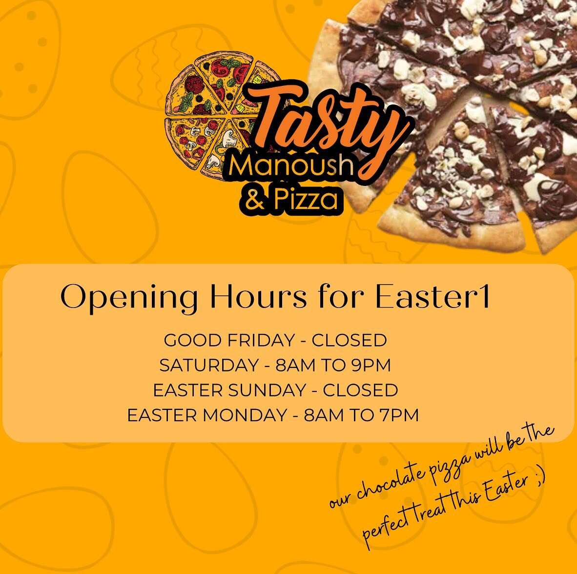 HAPPY EASTER 🥚 
Here&rsquo;s our operating hours during the Easter break 🐣 
P.s. our Nutella Pizza will be the perfect treat this Easter 🍫🙃
.
.
.
#eastershow #easter #nutellapizza #chocolatepizza #easterholiday #pizzalover #dessertlover #dessertl