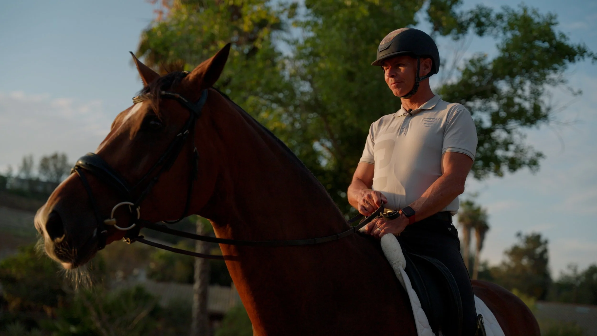 A person wearing a helmet riding a brown horse outdoors.