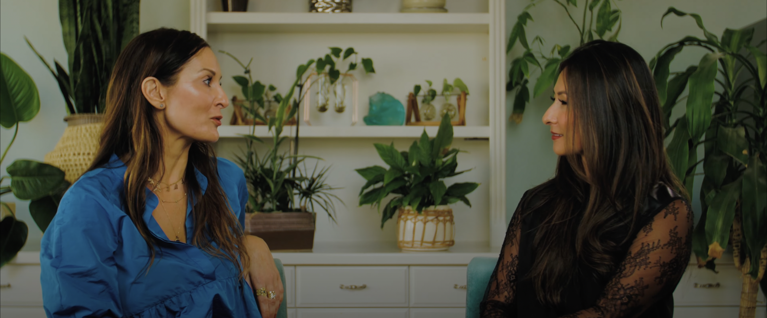 Two women sitting and talking in a room with plants and shelves in the background.