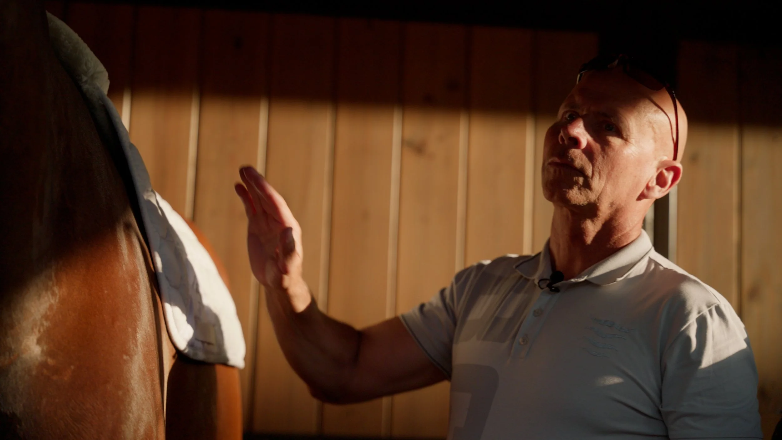 Man in white shirt with hand raised near a horse wearing a saddle blanket, standing in a wooden stable.