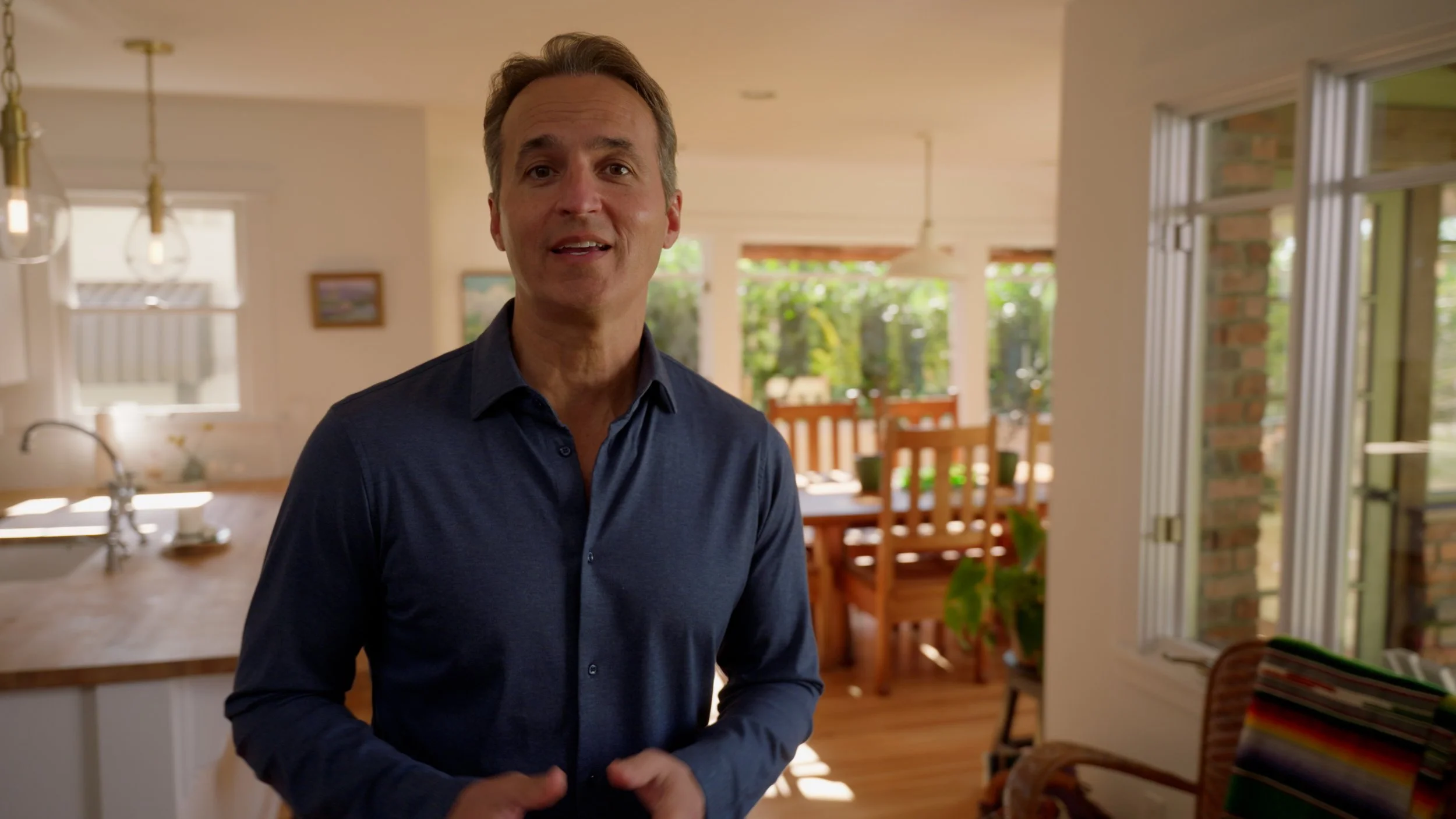 Man in navy blue shirt standing in a bright kitchen dining area with wooden furniture and large windows.