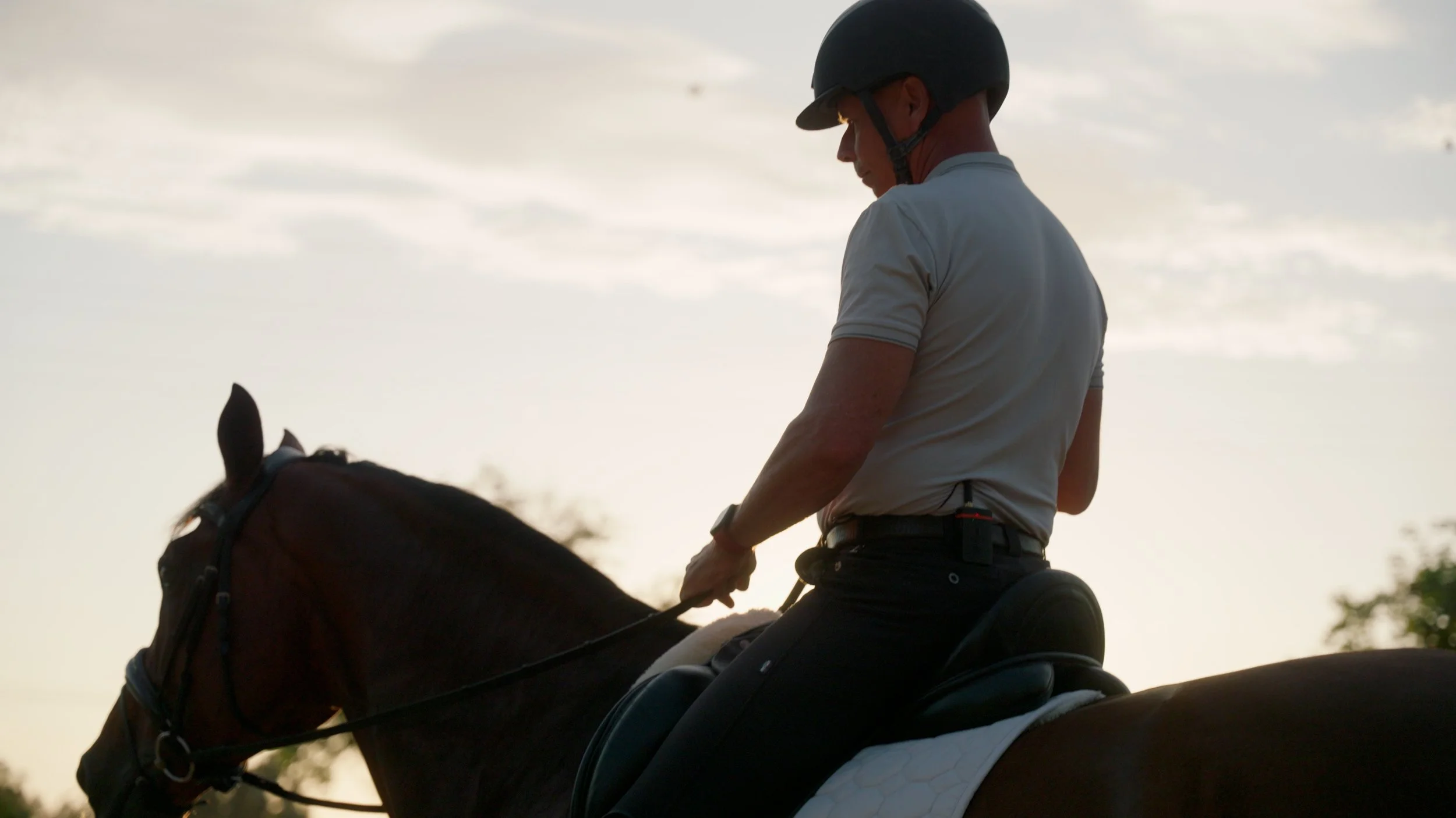 Silhouette of a person riding a horse at dusk.
