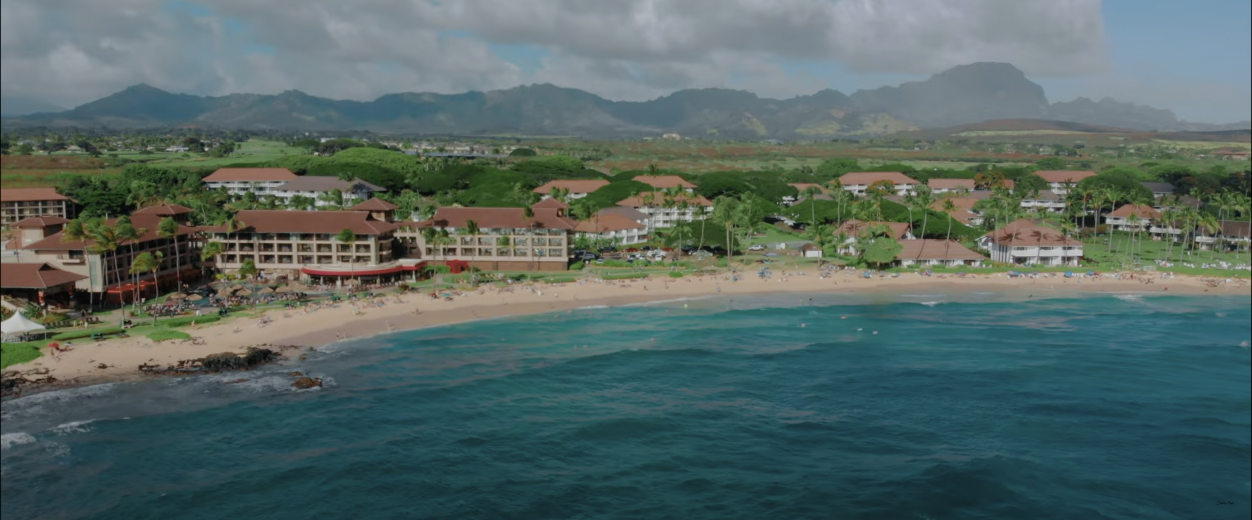 Beachfront resort with palm trees, buildings, and mountains in the background