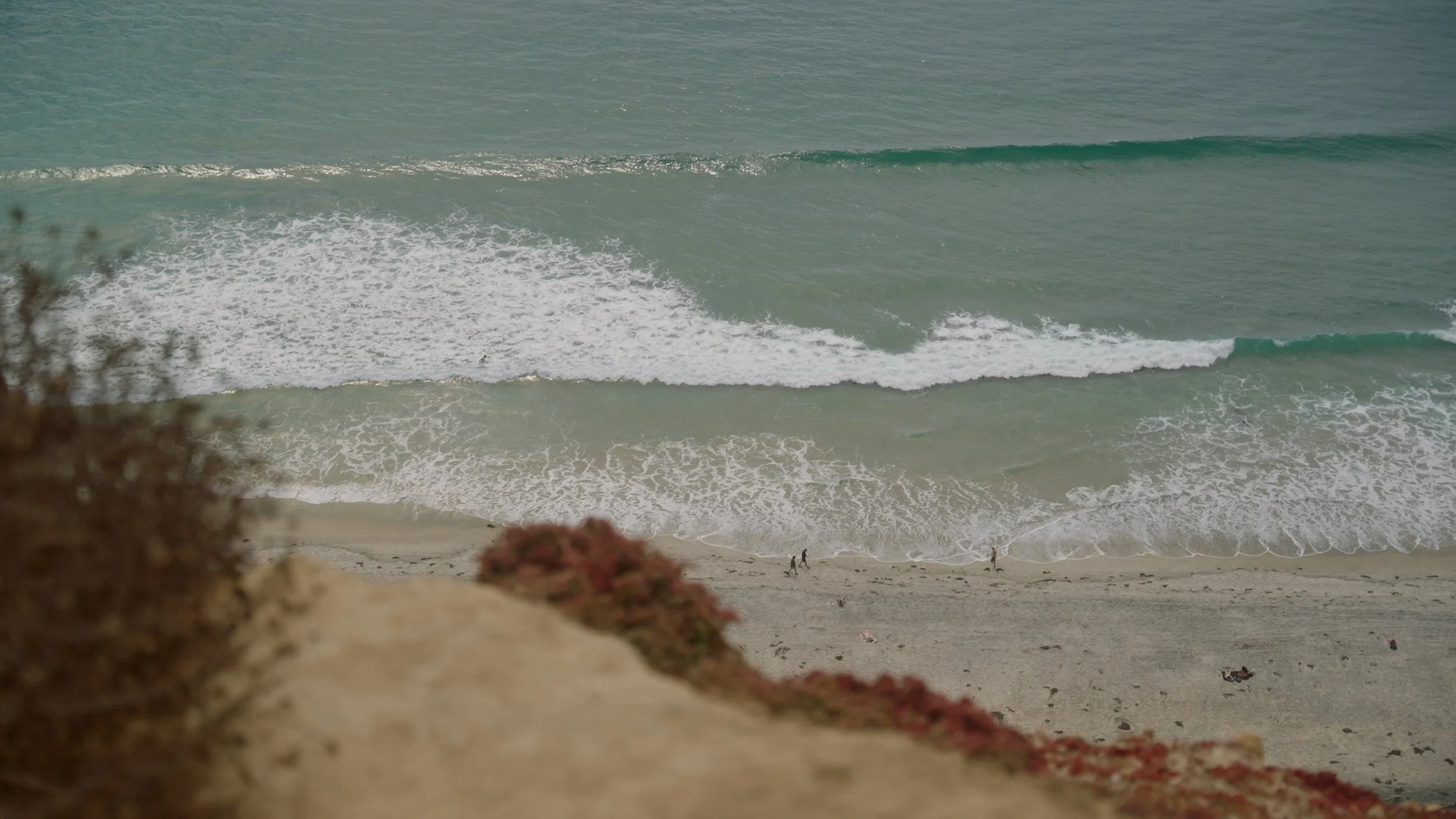 View from cliff overlooking beach with ocean waves, sandy shoreline, and coastal vegetation.