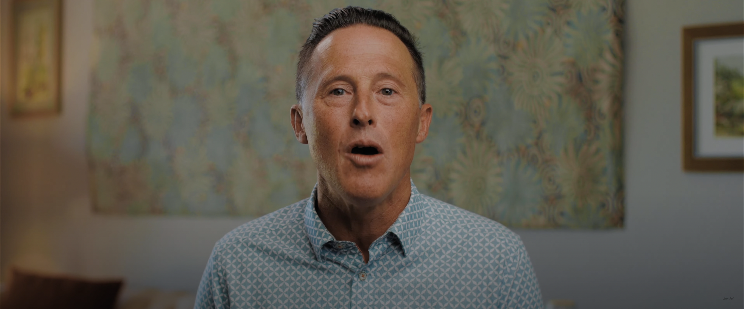 Person speaking indoors with patterned background and framed picture on wall.