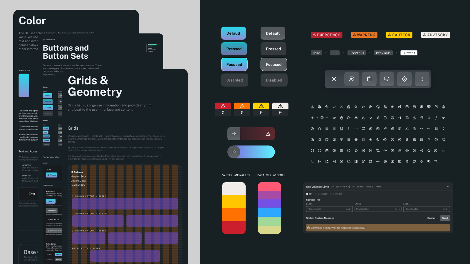 Screenshot of a webpage about UI design principles, including color, buttons, grids, text, icons, and system anomalies with various color schemes, button styles, and layout diagrams.