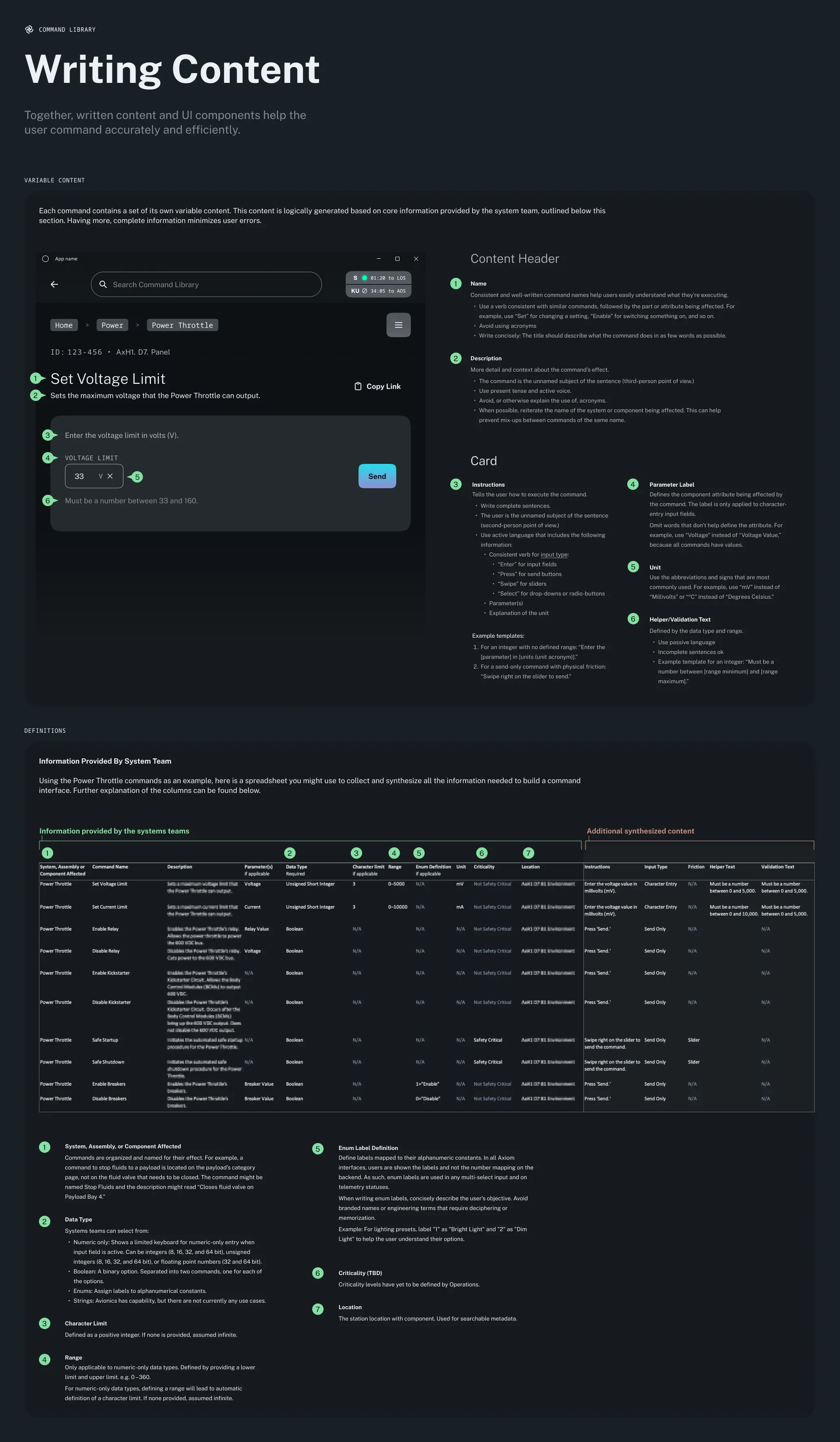 Screen showing a guide on writing content commands, including sections for setting voltage limits, command syntax, parameters, and definitions, with a dark background and instructional content.