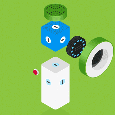 Illustration of various colorful abstract shapes and objects on a green background.