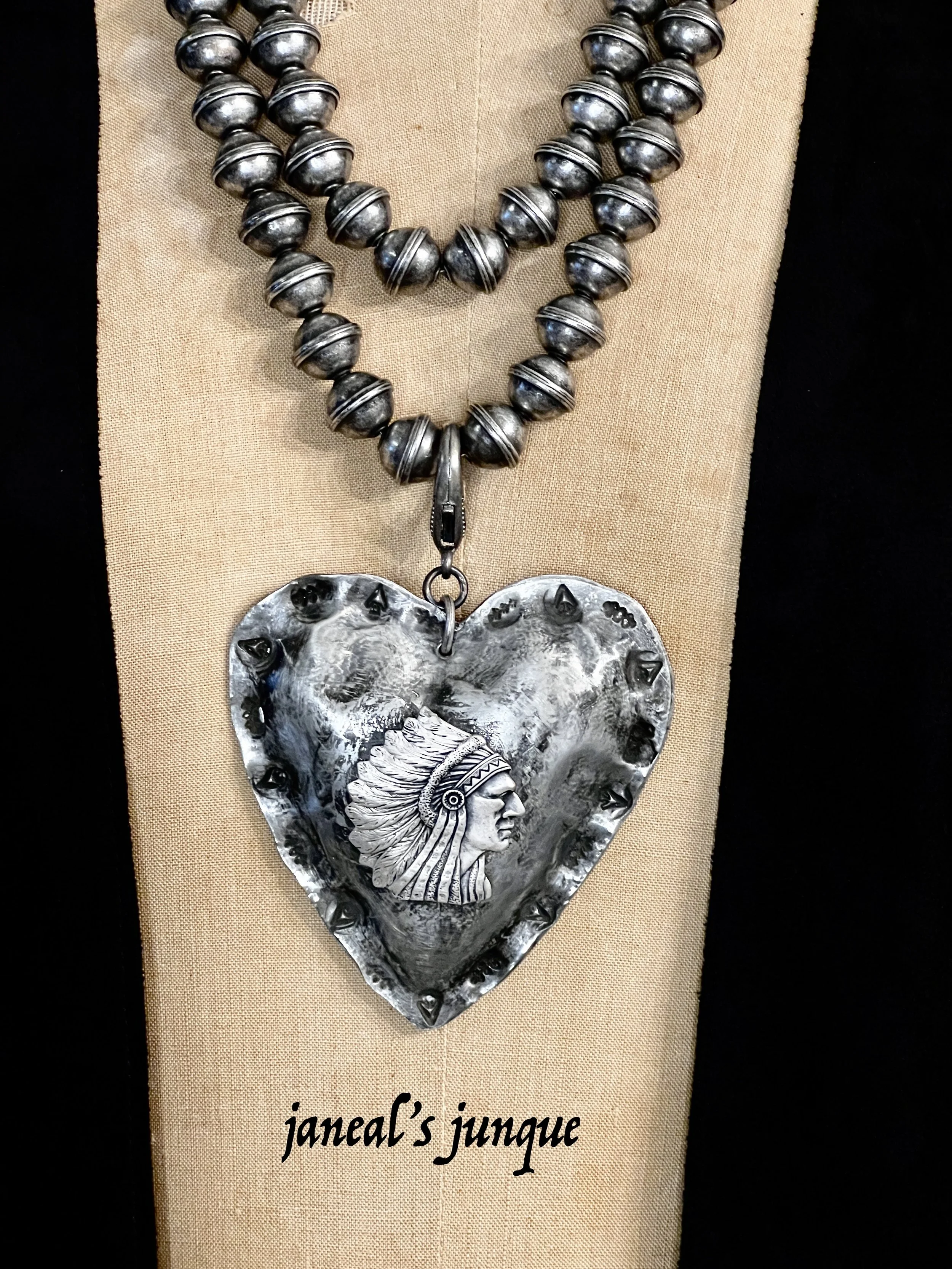 JaNeal's JunQue Silver Soldered "INDIAN CHIEF" Puffy Heart Pendant