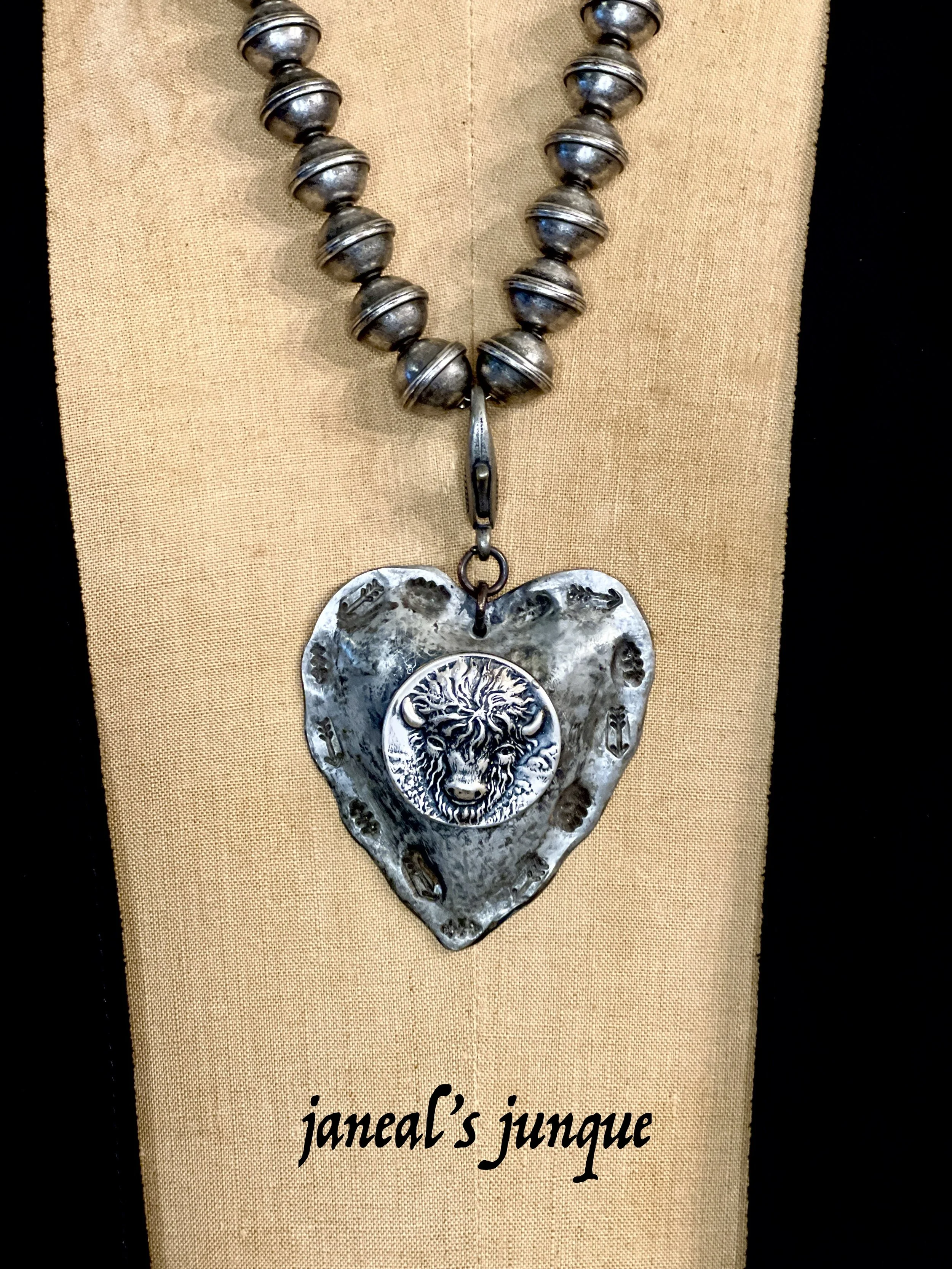 JaNeal's JunQue Silver Soldered "BUFFALO ROAM" Puffy Heart Pendant