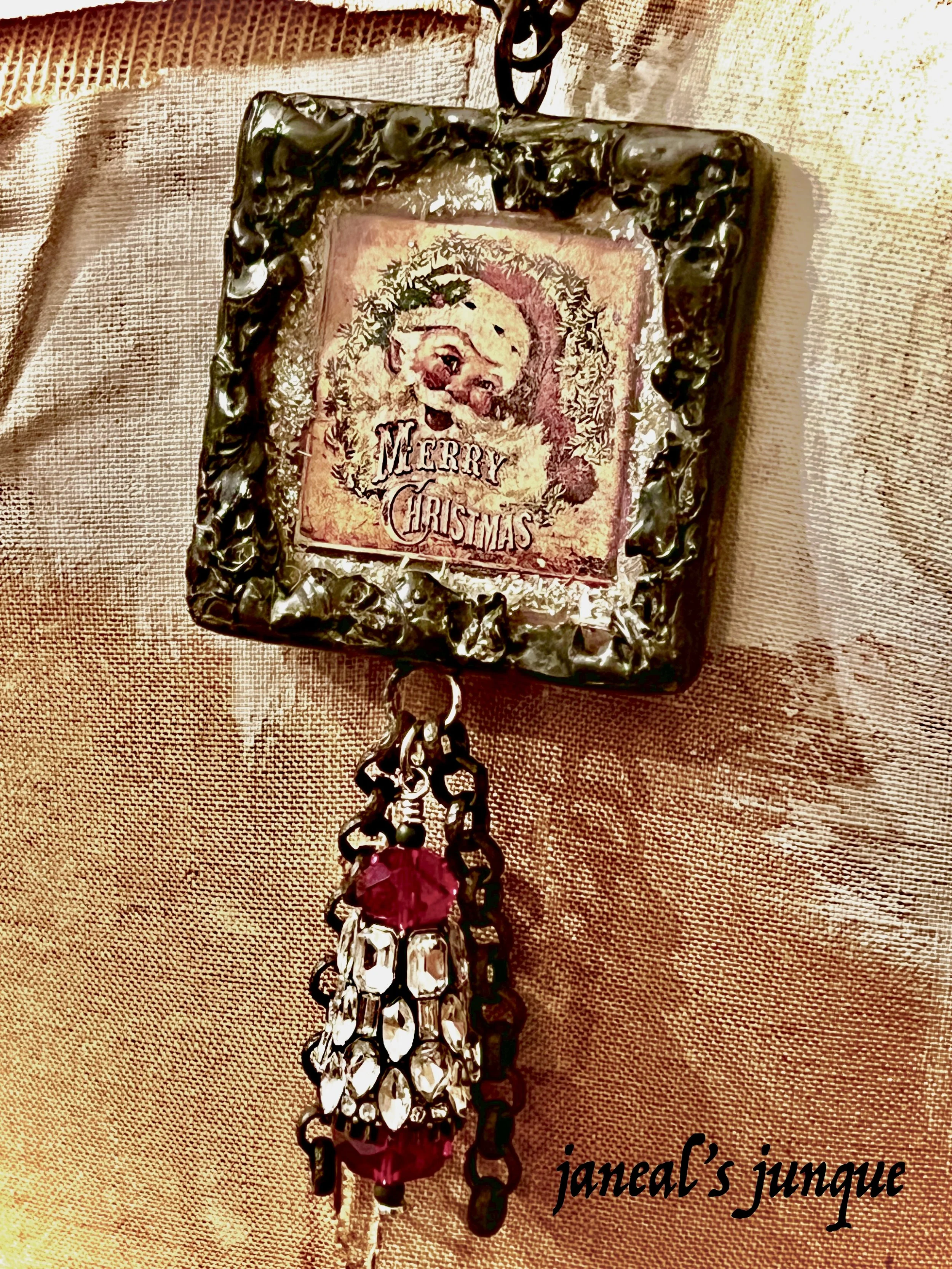 Handcrafted Vintage Santa MERRY CHRISTMAS Necklace