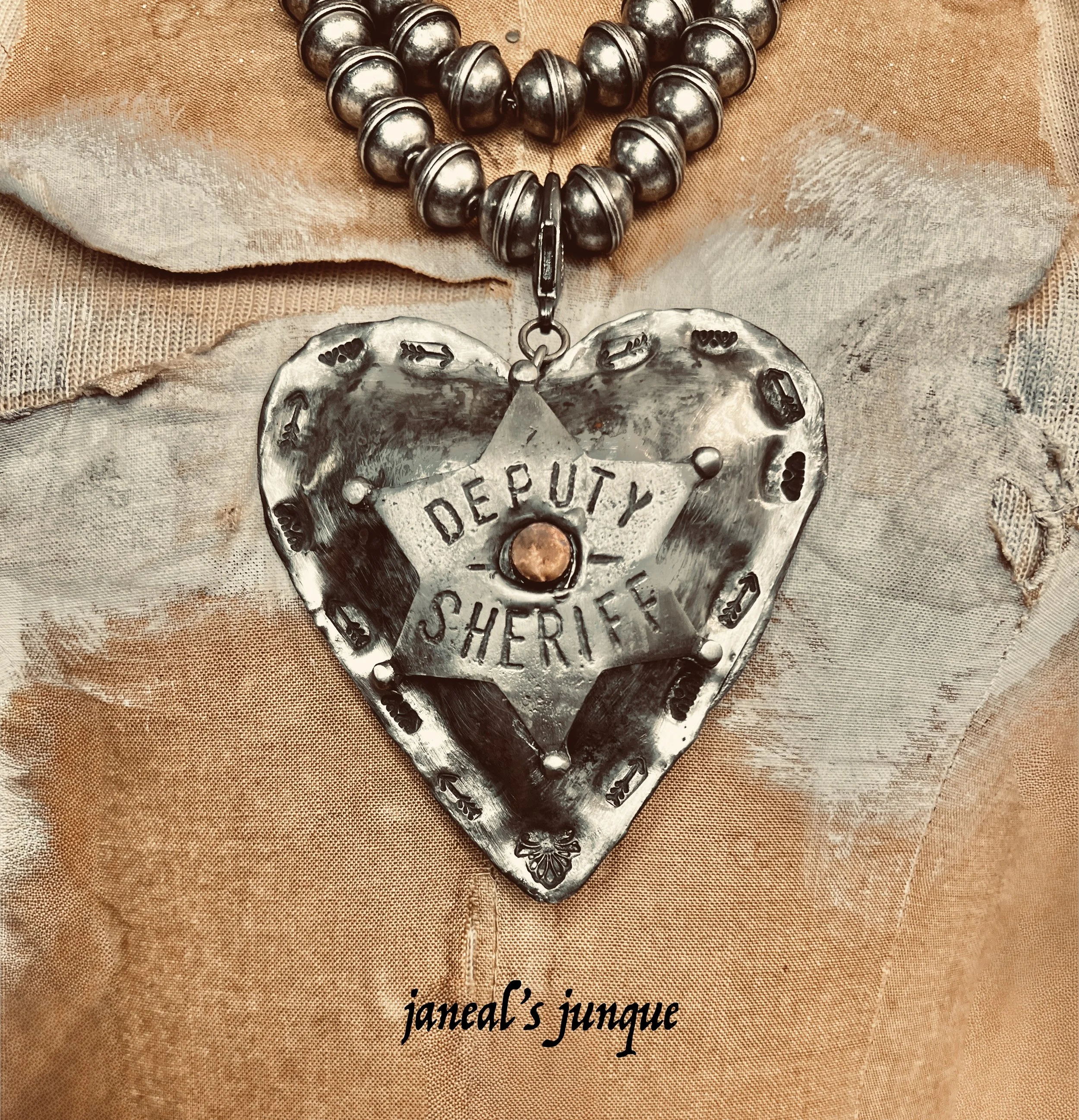 JaNeal's JunQue Handcrafted Silver Soldered "DEPUTY SHERIFF" Puffy Heart Pendant