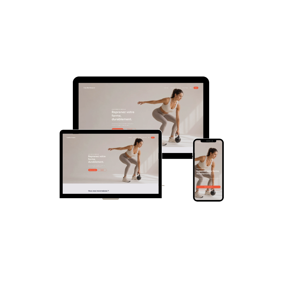 Images of a responsive website displayed on a desktop, laptop, and mobile phone, showcasing a woman exercising with a kettlebell on a minimalist background.