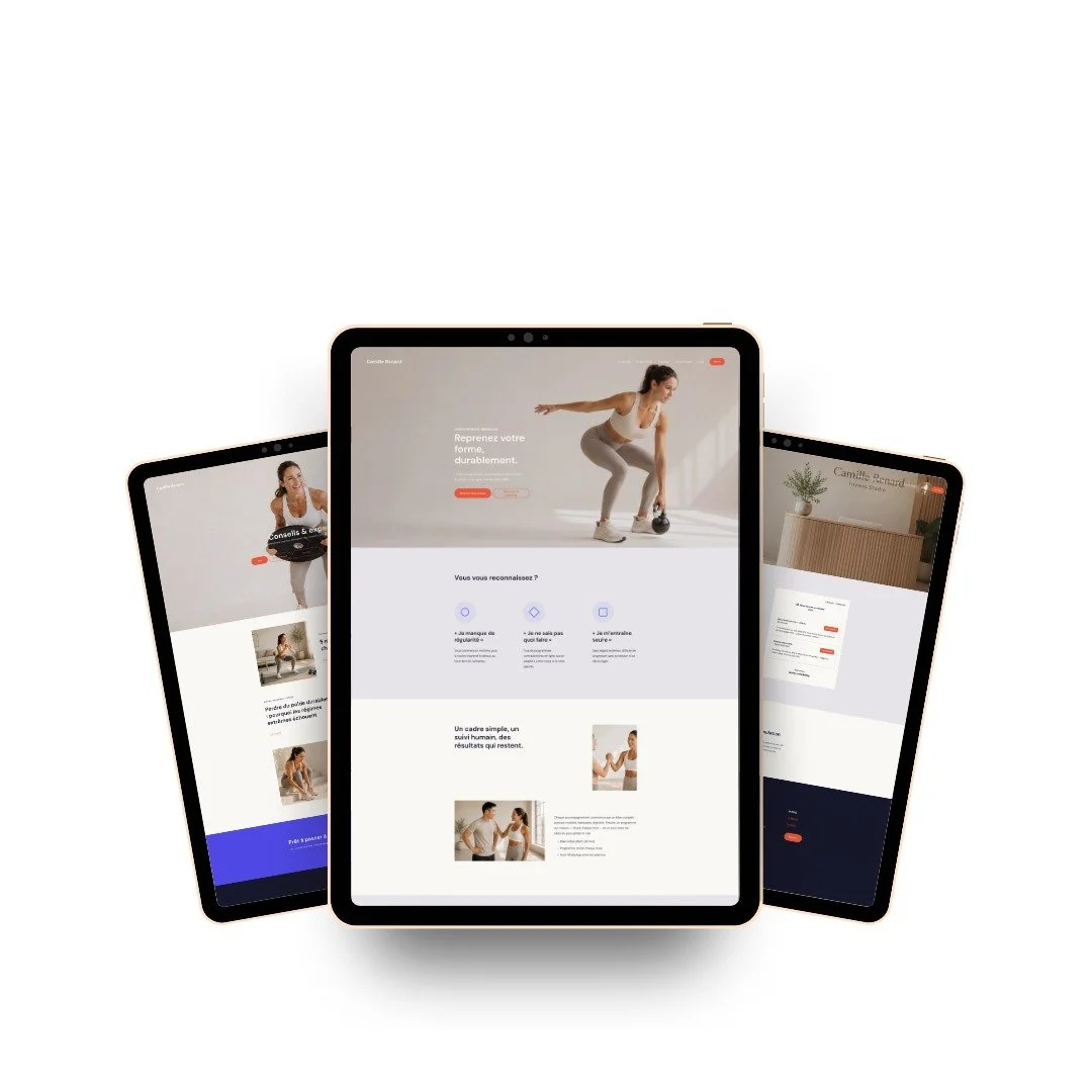 Plusieurs pages du template présentées sur tablettes, montrant la diversité des mises en page incluses.