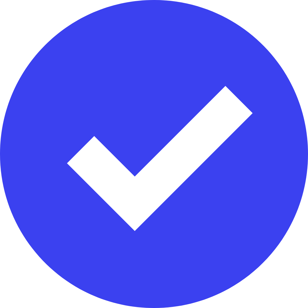 Un logo rond bleu avec une coche blanche au centre.