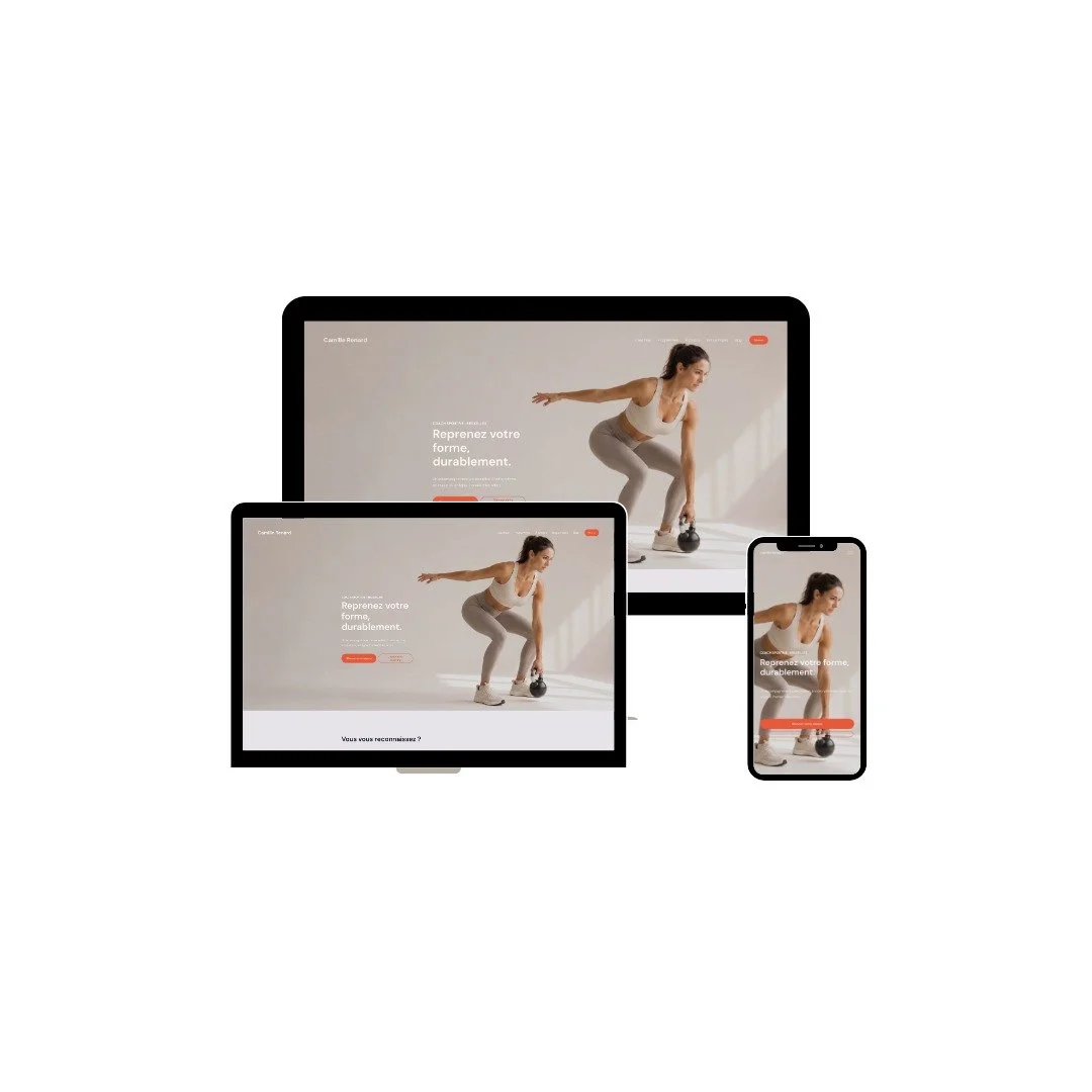 Le site coach sportif affiché sur ordinateur, tablette et smartphone — rendu responsive du template.