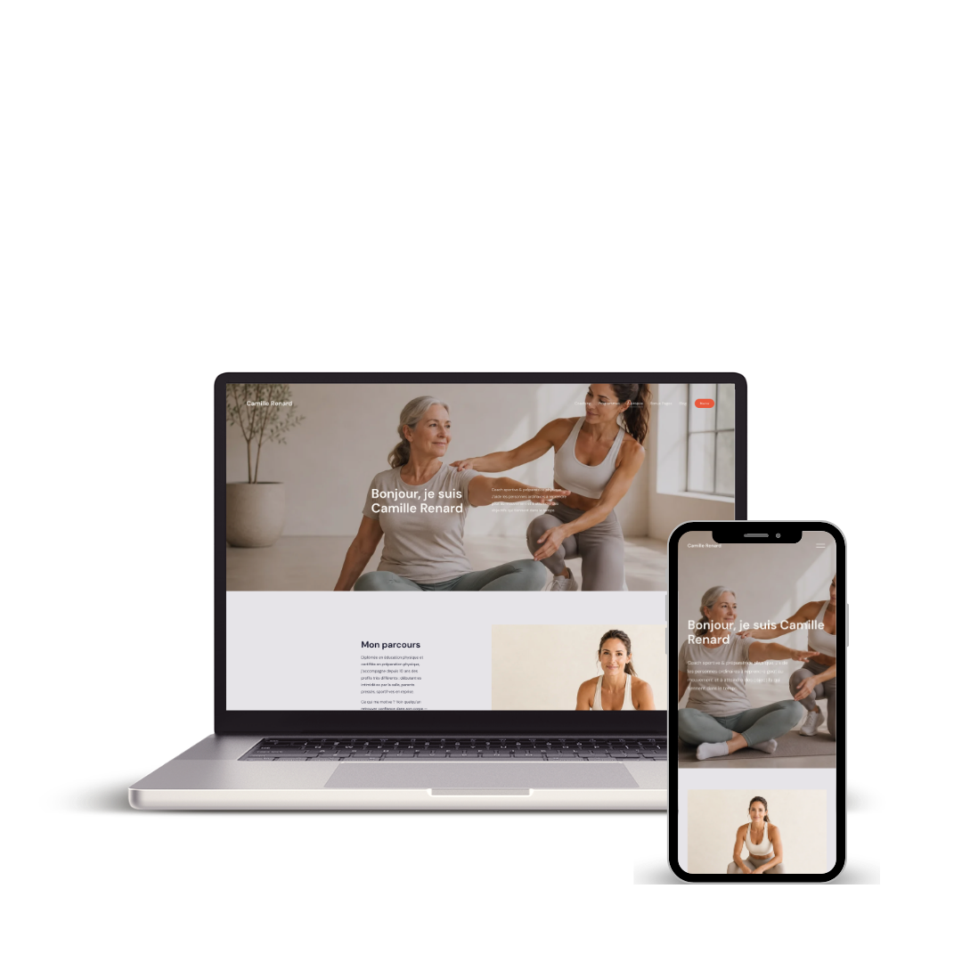 Capture d'écran d'un site web et d'une application mobile montrant deux femmes, une plus âgée et une plus jeune, faisant du yoga dans une pièce lumineuse.