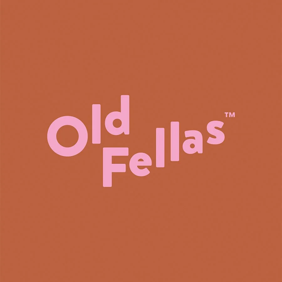 Pink text 'Old Fellas' on a brown background