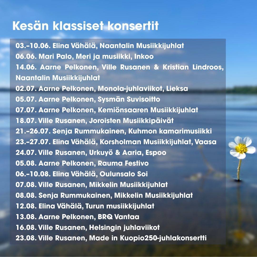 Raitalan artisteja voi kuulla kes&auml;n aikana useilla arvostetuilla klassisen musiikin festivaaleilla, tapahtumissa ja konserteissa ymp&auml;ri Suomea. 🌼 Tervetuloa konsertteihin!

#raitalamusic 
@naantalinmusiikkijuhlat 
@musikvidhavet 
#MonolaJu