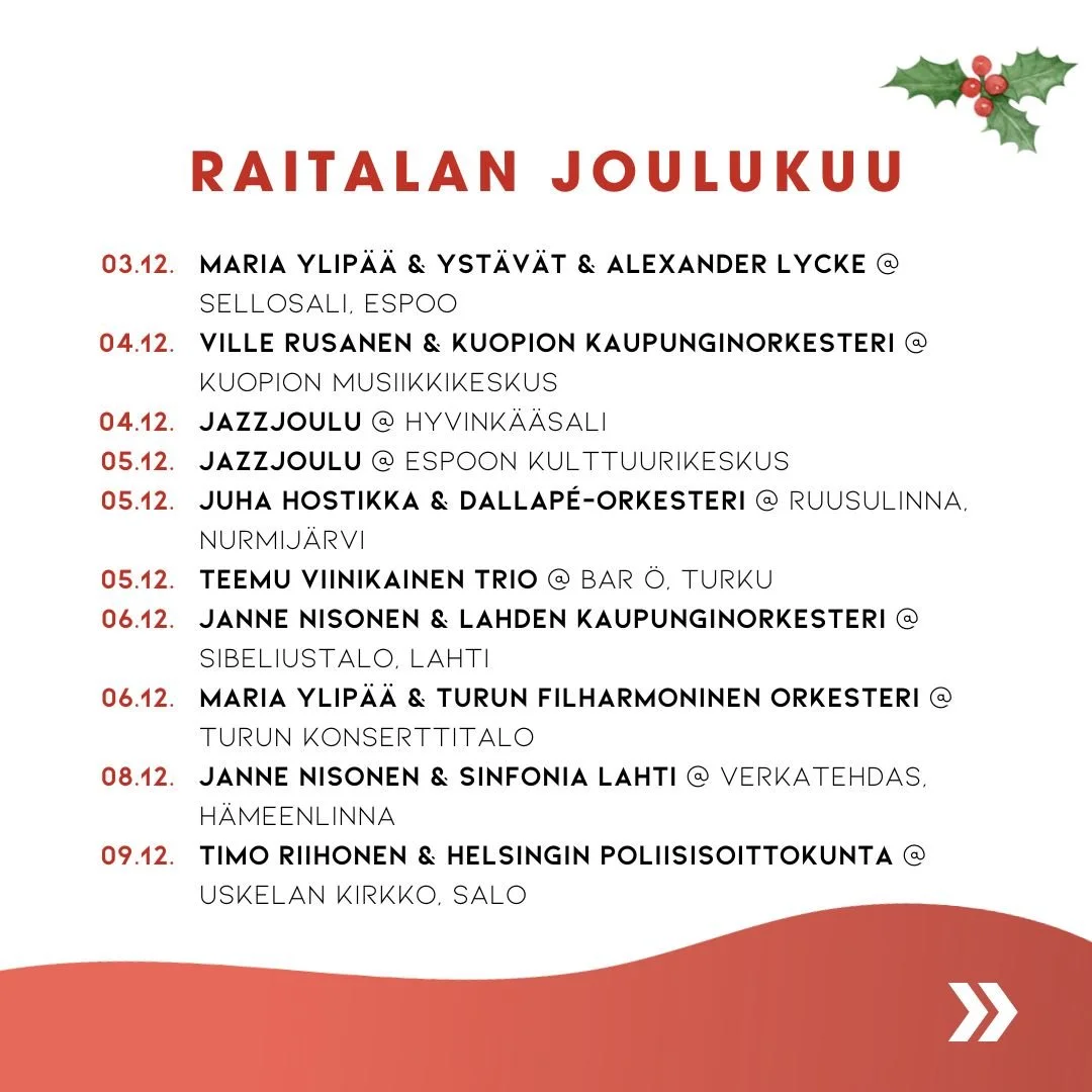 Raitalan artistien konsertit tuovat joulun tunnelman! 🔔 Tervetuloa konsertteihin joulukuussa!

#RaitalaMusic #KuukaudenKeikat