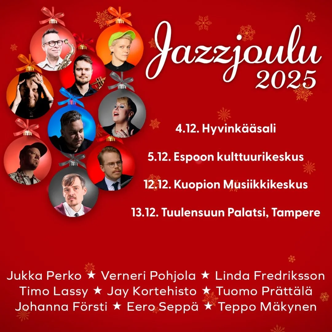 Jazzjoulu-kiertue saapuu 4.12. alkaen Hyvink&auml;&auml;lle, Espooseen, Kuopioon ja Tampereelle! ✨ Konserteissa kuullaan rakastetuimpia joululauluja kotimaisten huippujazzmuusikoiden sovituksina, jotka eiv&auml;t taatusti j&auml;t&auml; kylm&auml;ksi