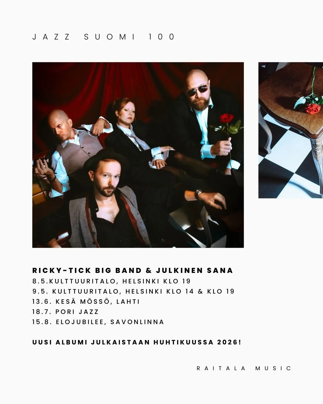 Jazz soikoon! T&auml;n&auml; vuonna vietet&auml;&auml;n Jazz Suomi 100 -juhlavuotta, jonka aikana juhlitaan ymp&auml;ri maata jazzin symbolista rantautumista Andania-laivan mukana Suomeen sata vuotta sitten!

Raitala Musicin huikeat jazzartistit osal