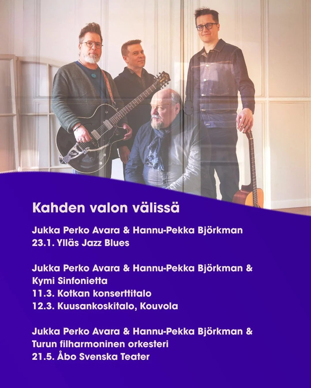 Kahden valon v&auml;liss&auml; on musiikki- ja runoteos, joka vie kuulijan matkalle syd&auml;men sis&auml;isen alueen halki. Jukka Perko Avara yhdess&auml; n&auml;yttelij&auml; Hannu-Pekka Bj&ouml;rkmanin kanssa ovat luoneet teoksen, jossa yhdistyv&a