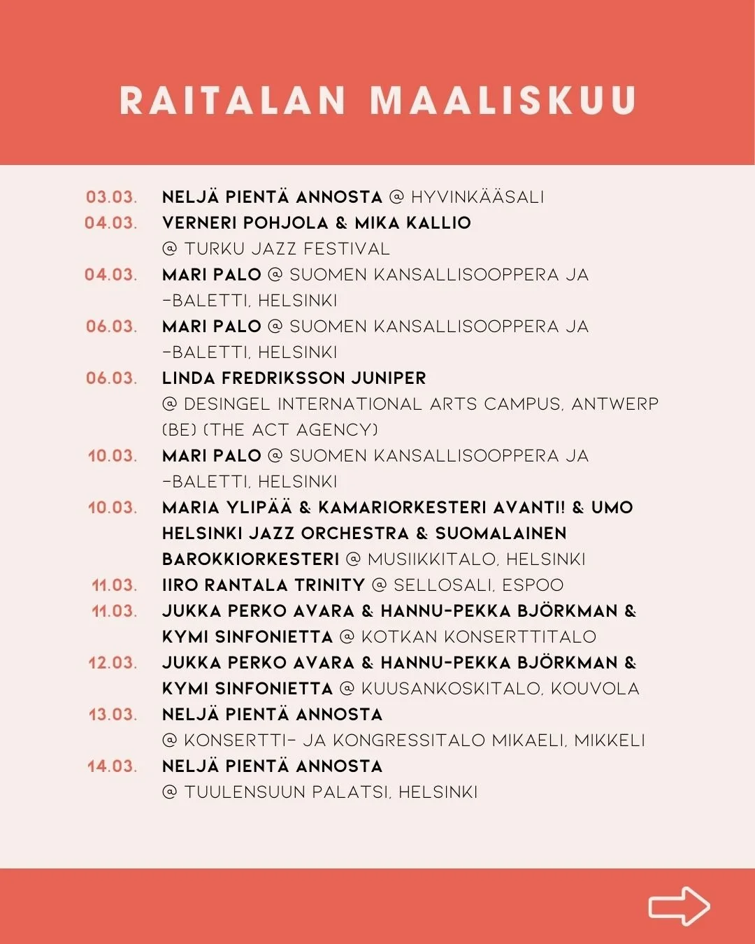 Tervetuloa Raitalan artistien konsertteihin maaliskuussa! ✨

#RaitalaMusic #KuukaudenKeikat